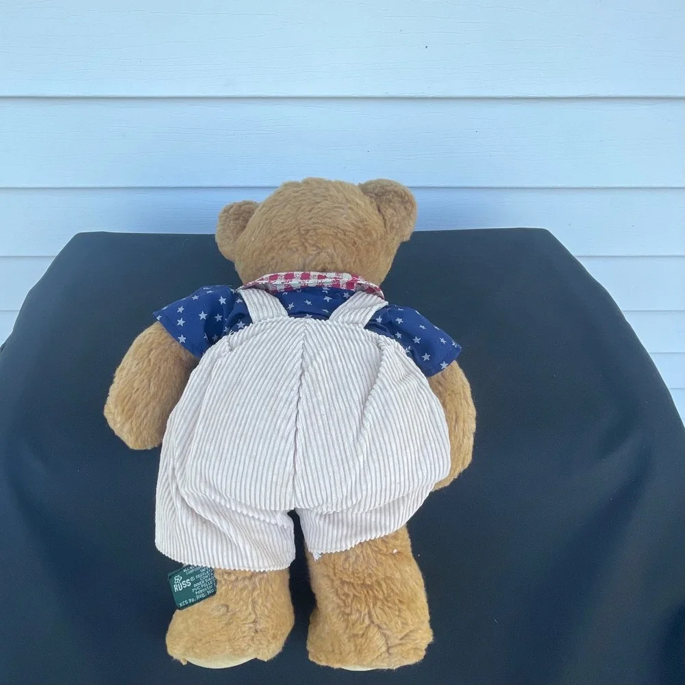 Russ Berrie Franklin Teddy Bear Vintage Plush Patriotic Stars Corduroy Overalls